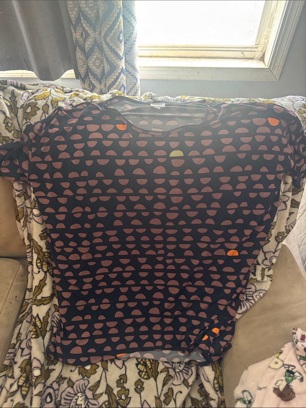 LuLaRoe Black Tee with Pink Dot-Stripe and Multi-Color Accents